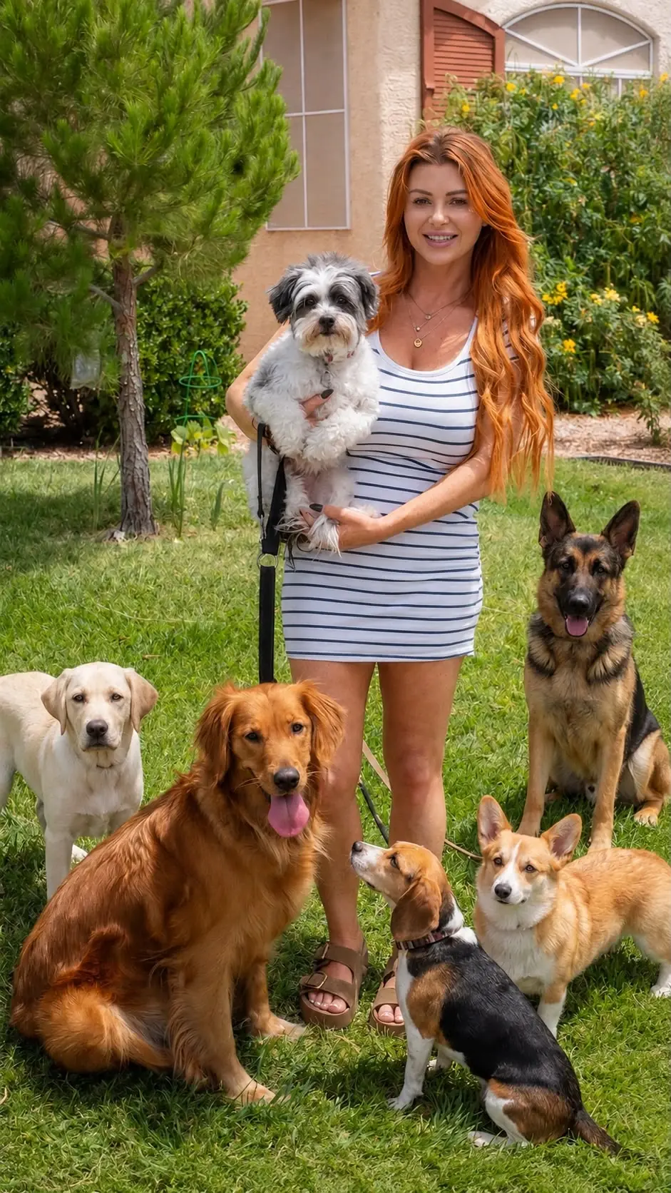 The behaviorist behind Axon K9 with six client dogs holding position on the lawn in Temecula, CA